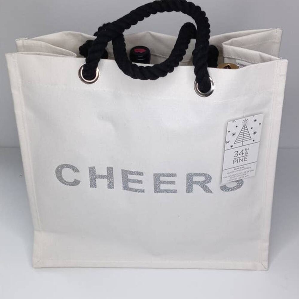 Reusable "Cheers" Wine Tote With Rope Handles - New